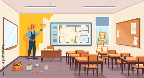 Painter Renovating Classroom Interior with Yellow Paint.