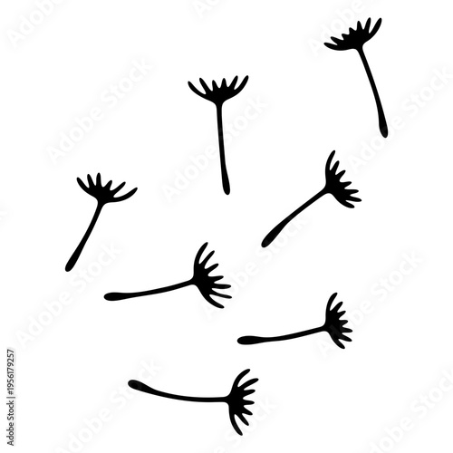 A minimalist vector illustration of dandelion seeds blowing away in the wind
