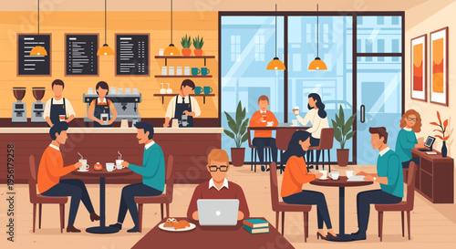 People enjoying coffee and working in a modern cafe.