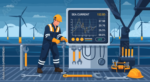 Offshore wind farm technician monitoring sea current data.