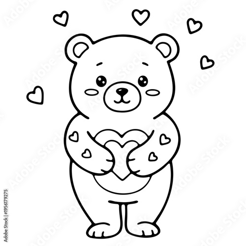 A cute cartoon bear holding a heart with smaller hearts surrounding it in a playful illustration