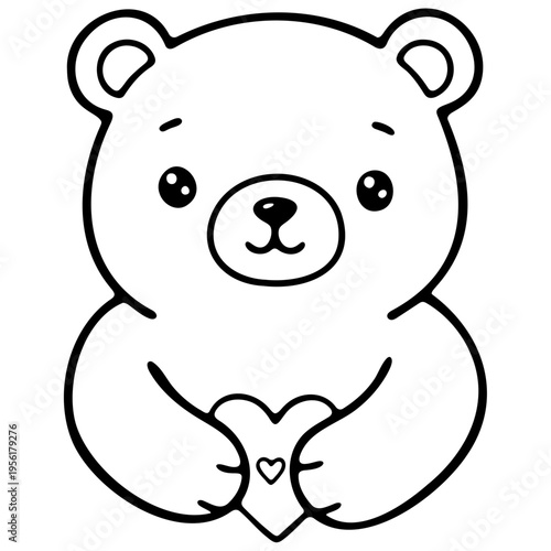 A cute cartoon bear holding a heart in a minimalist line art style
