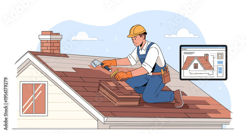 Roofer Installing Shingles on a House Roof.