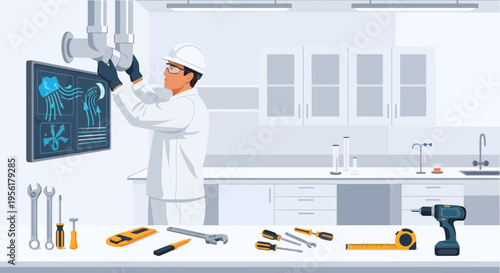 Plumber working on pipes with digital display and tools.