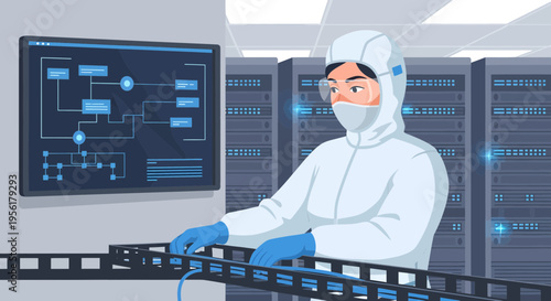 Scientist in cleanroom suit working with advanced technology.