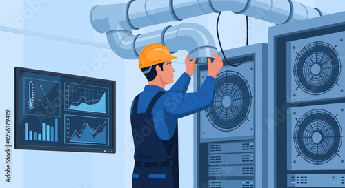 Technician working on server cooling system in data center.