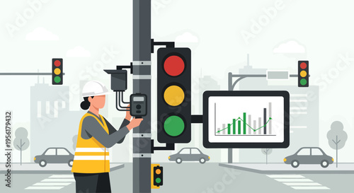 Traffic Signal Technician Inspecting Smart City Technology.