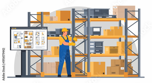 Warehouse worker managing inventory on shelves with digital display.
