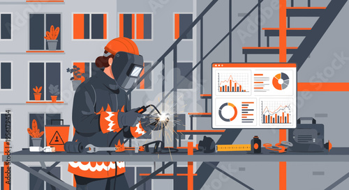 Welder working on construction site with data analysis screen.
