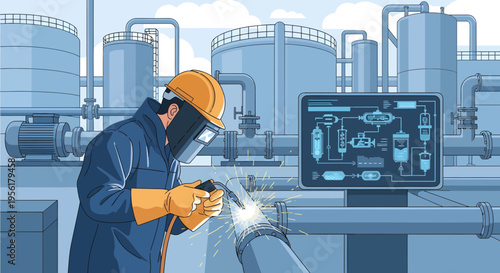 Welder in protective gear working on industrial equipment.