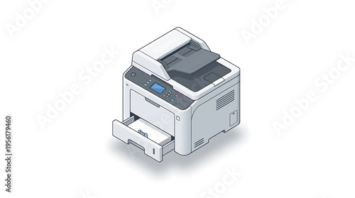Isometric vector illustration of a sleek, compact office printer with an open paper tray, representing modern business technology and document management solutions