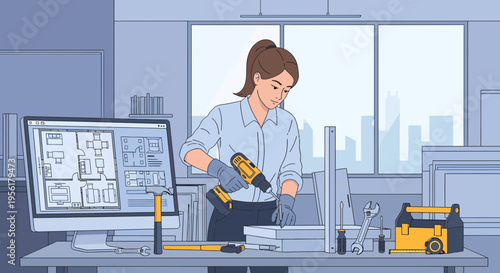 Woman architect using power drill on construction plans.