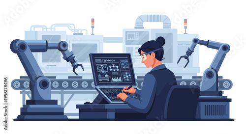 Woman engineer operating advanced robotic arms on production line.