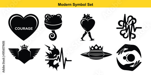 A collection of modern symbols featuring a heart with courage, a crowned heart with wings, a dragon, a UFO with a crown, and other abstract designs are displayed in black on a white background.