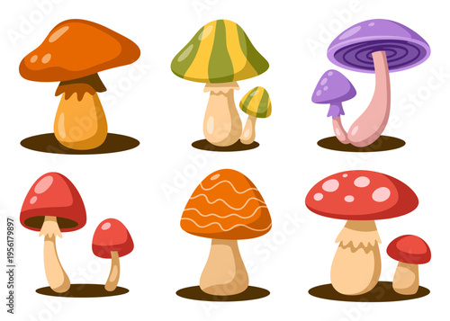 Collection of Six Stylized Cartoon Mushrooms in Various Colors