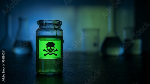 A mysterious glass bottle, filled with a vibrant glowing green liquid, prominently displays a striking skull and crossbones warning label, clearly signifying extreme danger and potent toxicity,