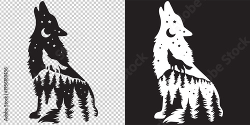 howling wolf silhouette in snowy forest vector illustration