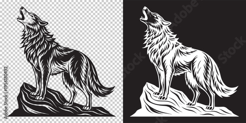 howling wolf silhouette on mountain peak vector illustration