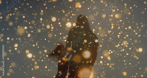 Vertical video: Adult and kid holding hands spinning sun gold drifting waving hat playful education