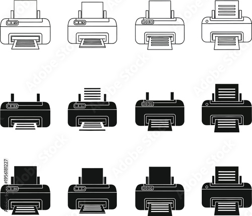 Collection of black and white printer showing paper output printing document