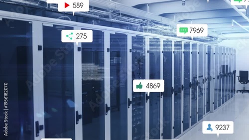 Row of server cabinets showing incoming alerts, UI badges appearing and drifting across aisle