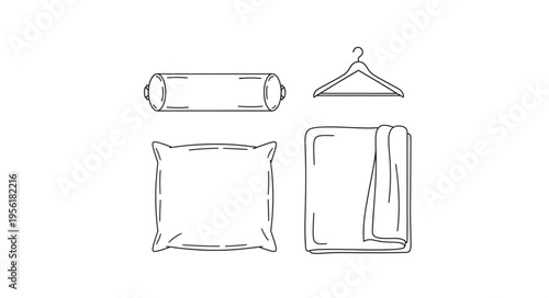 Line art of bedding items and a hanger.