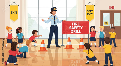 Children practicing fire safety drill with instructor.