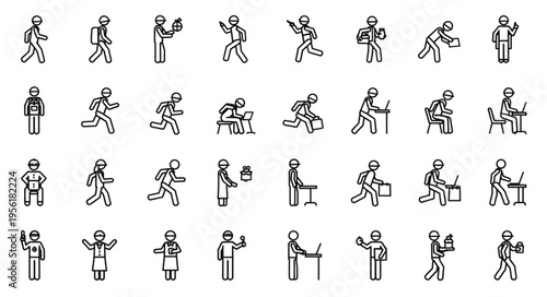 Diverse Stick Figure Actions - A Comprehensive Pictogram Set.