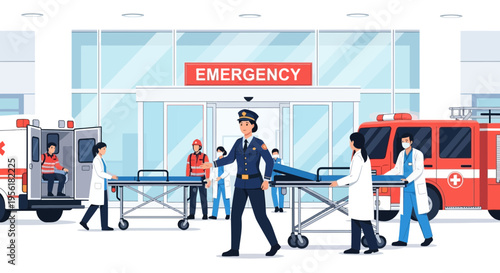 Emergency medical team transporting patient to hospital entrance.