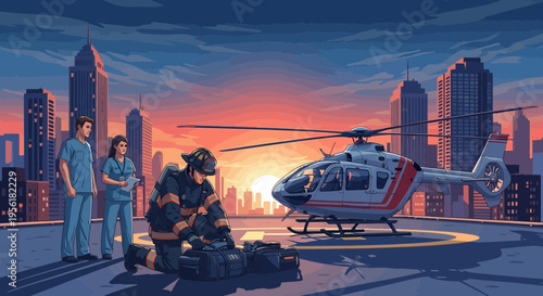 Emergency Medical Helicopter Landing with Rescuers and Patient.