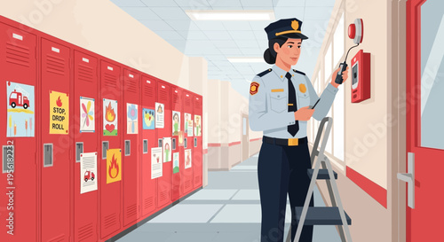 Female Firefighter Inspecting Fire Alarm System on Ladder.