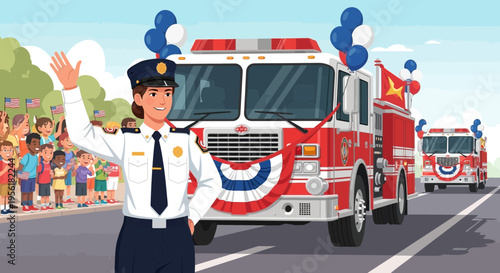 Female Firefighter Leading Parade with Fire Trucks.