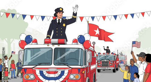 Female Firefighter Waving from Fire Truck Parade.
