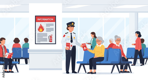 Fire safety officer explains evacuation procedures to diverse group.