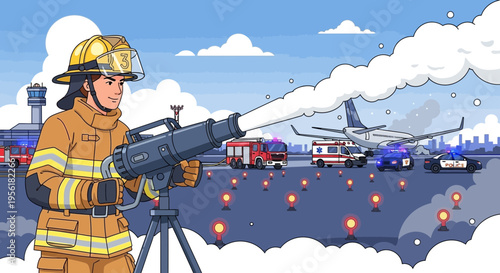 Firefighter aiming powerful water cannon at emergency scene.