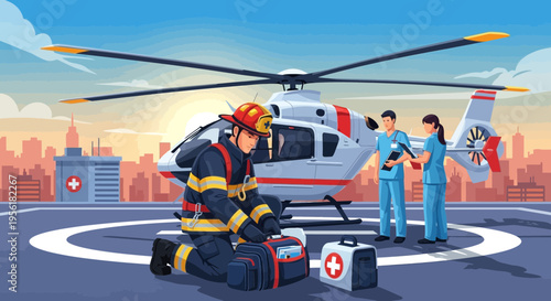 Firefighter and Medical Team with Helicopter on Helipad 1.