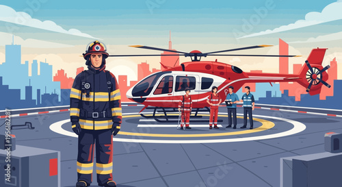 Firefighter and Medical Team with Helicopter on Helipad.