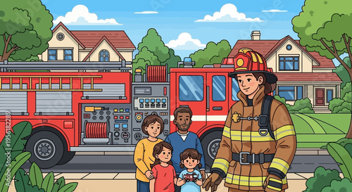Firefighter and Family Community Safety Scene.