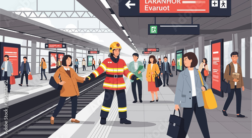 Firefighter assisting woman on train platform.