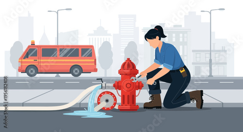 Firefighter Inspecting Leaking Hydrant on City Street 1.