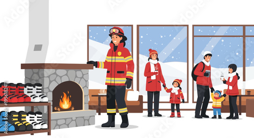 Firefighter helping family in winter season.