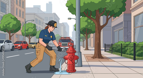 Firefighter Inspecting Leaking Hydrant on City Street.