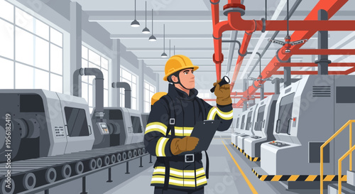 Firefighter inspecting industrial equipment safety procedures.