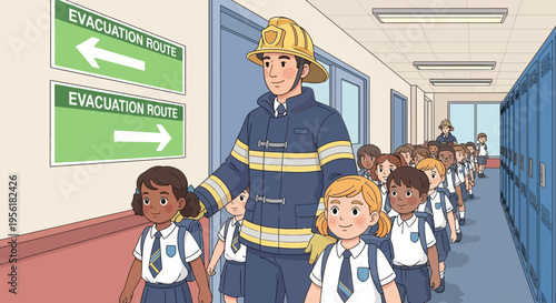 Firefighter leads children through school hallway during evacuation drill.