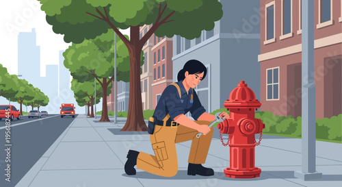 Firefighter Inspecting Red Hydrant on City Sidewalk.