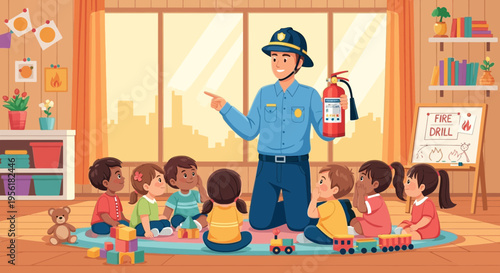 Firefighter teaching children about fire safety.