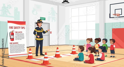 Firefighter teaching fire safety tips to children in a gymnasium.
