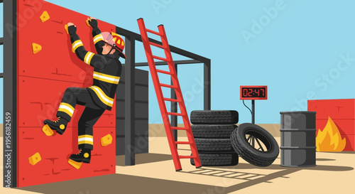 Firefighter training obstacle course climbing wall.