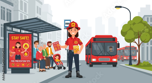 Firefighter woman distributing safety information at bus stop.