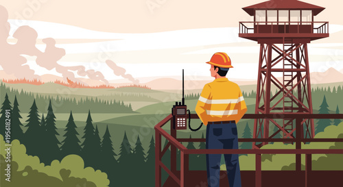 Forest Fire Lookout Tower Worker Observing Landscape.